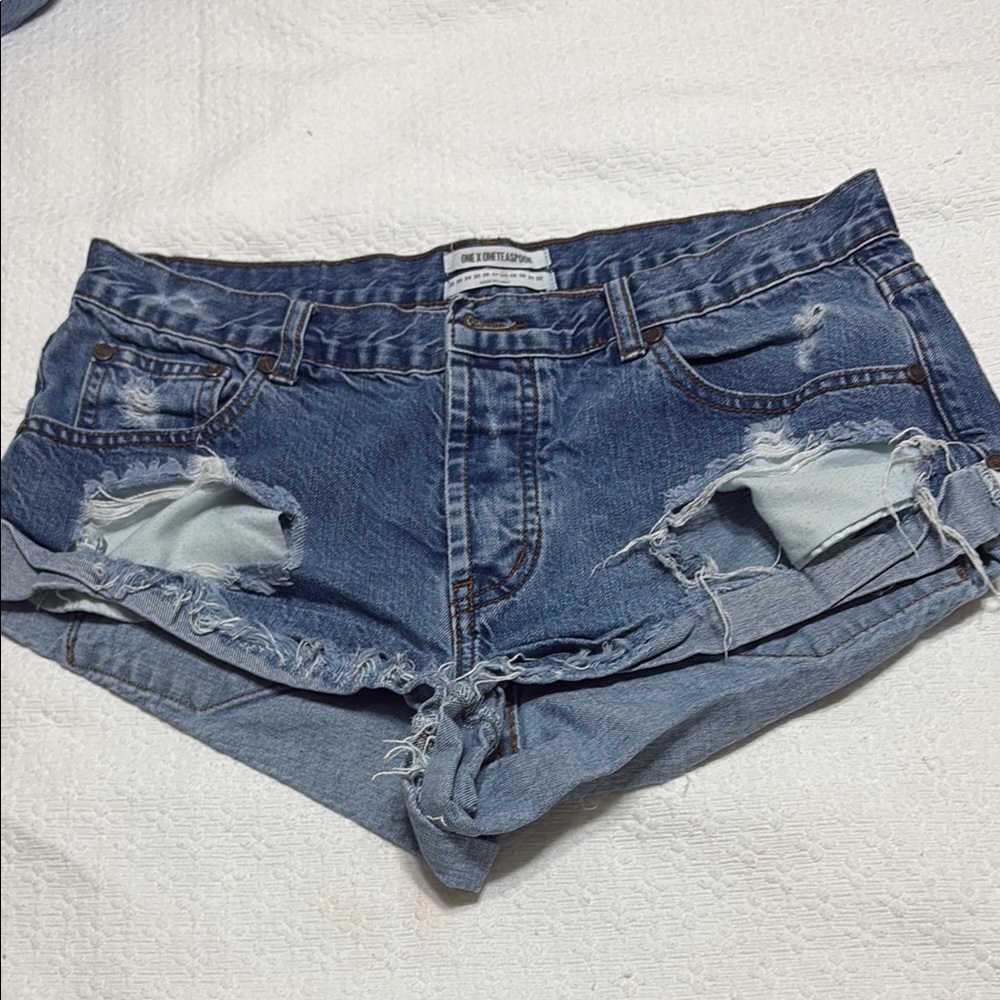One Teaspoon Blue Jean Shorts with Distressing and Cut-Off Style